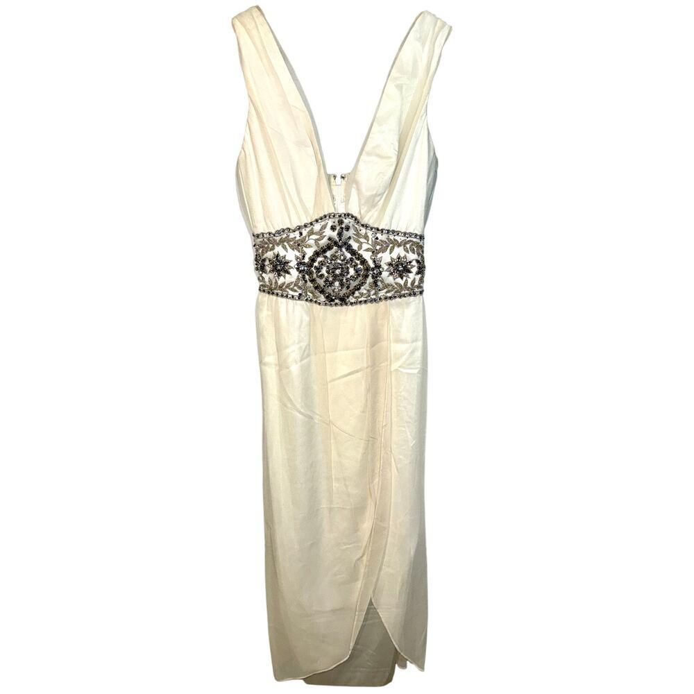NWT Mandalay White Silk Beaded Embellished Midi Short Evening Dress Women Size 2